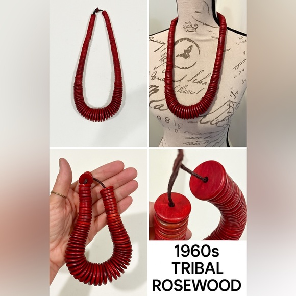 RARE Vintage 60s Boho Red Wood Disc Necklace • Tribal Statement • 26” Rosewood - Picture 1 of 12